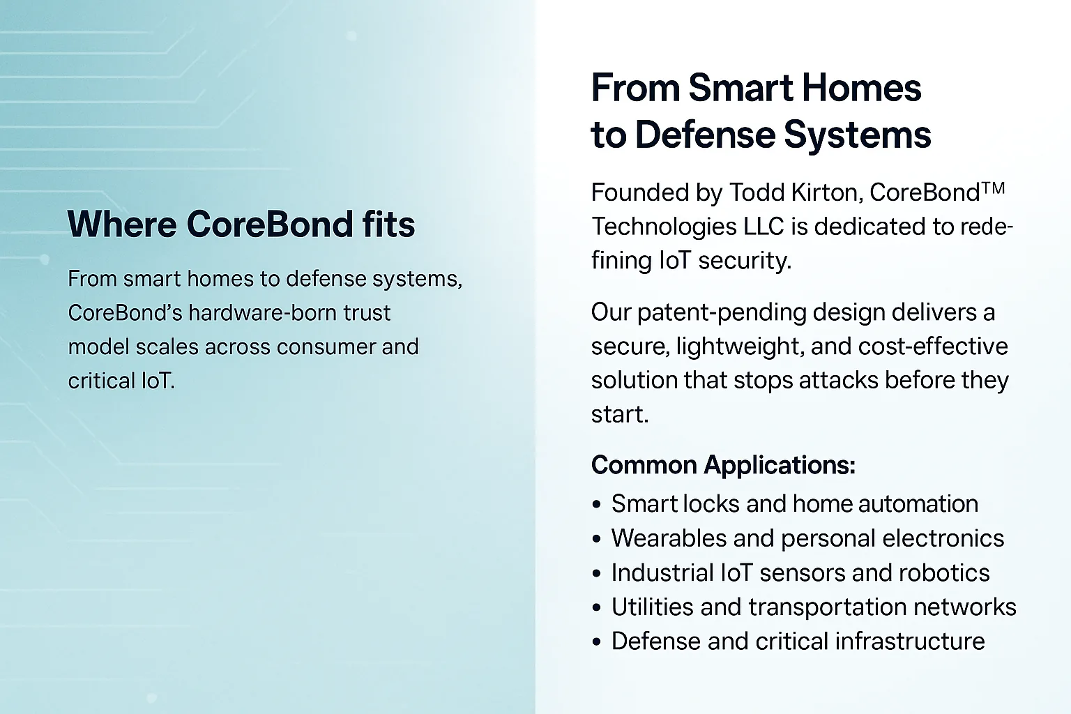 Where CoreBond fits — smart home to defense systems banner